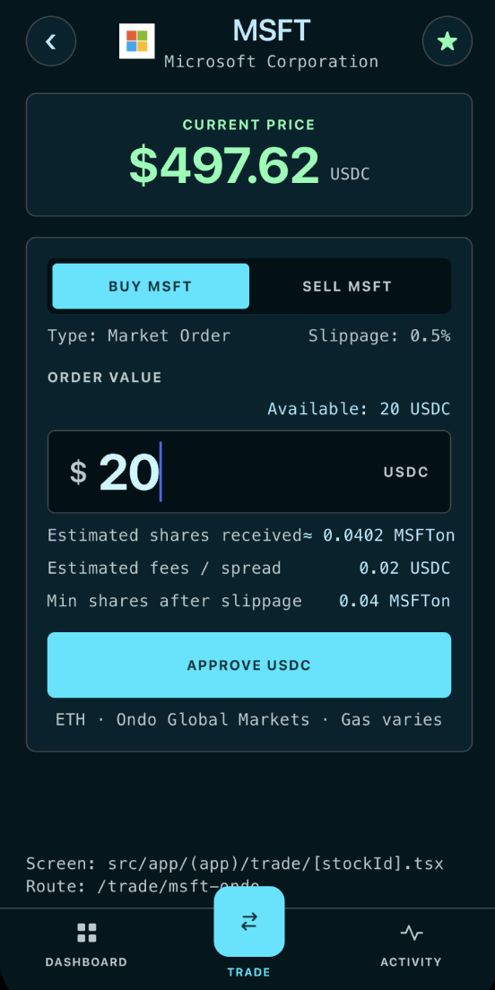 Dadawallet buy and sell screen for Microsoft stock