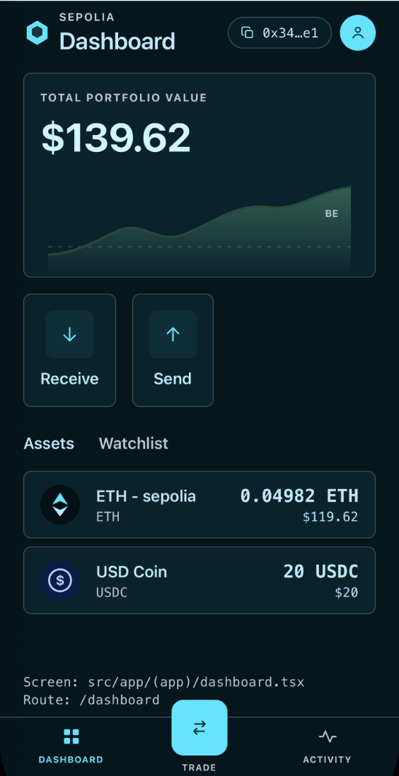 Dadawallet dashboard with portfolio value, receive and send actions, and assets