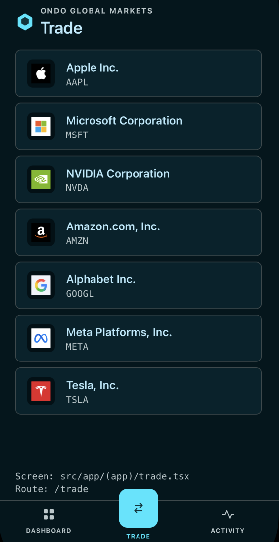 Dadawallet trade screen listing on-chain stocks from Ondo Global Markets